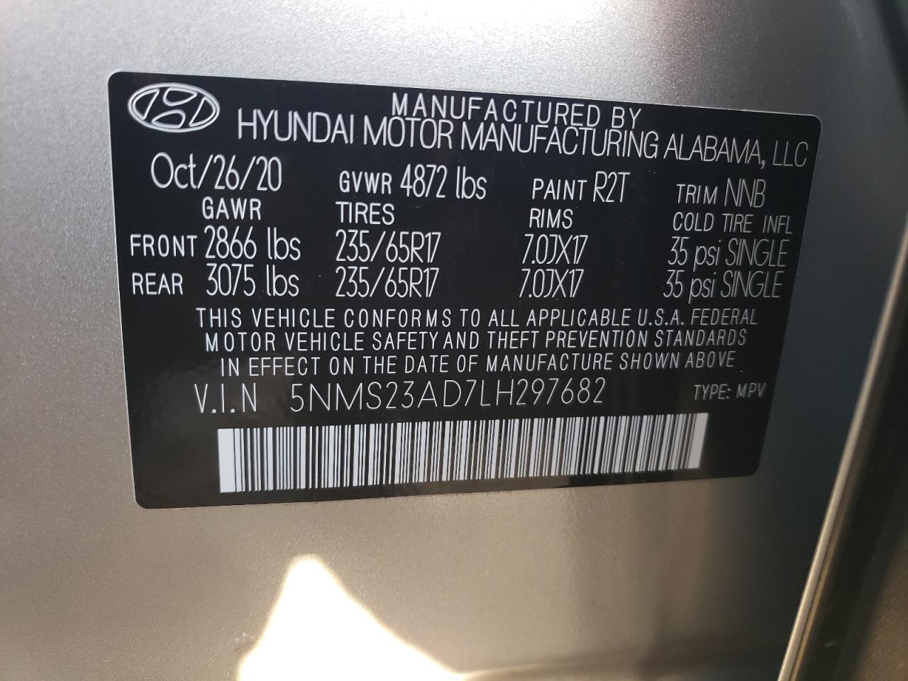 2020 Hyundai Santa Fe VIN 5NMS23AD7LH297682 Copart auction photo, front end / side damage thumbnail 13