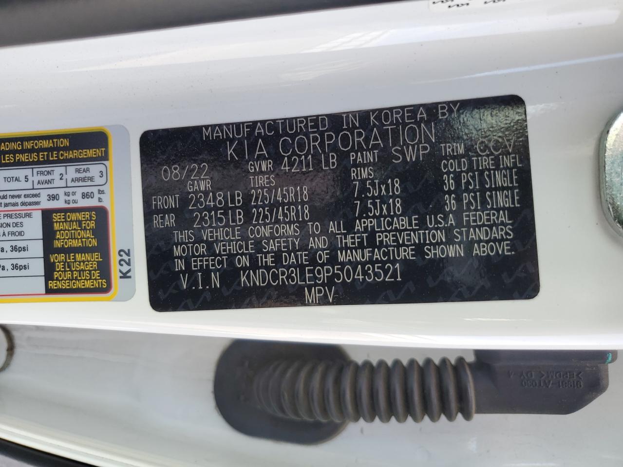 2023 KIA Niro VIN KNDCR3LE9P5043521 Copart auction photo, front end / rear end damage thumbnail 14