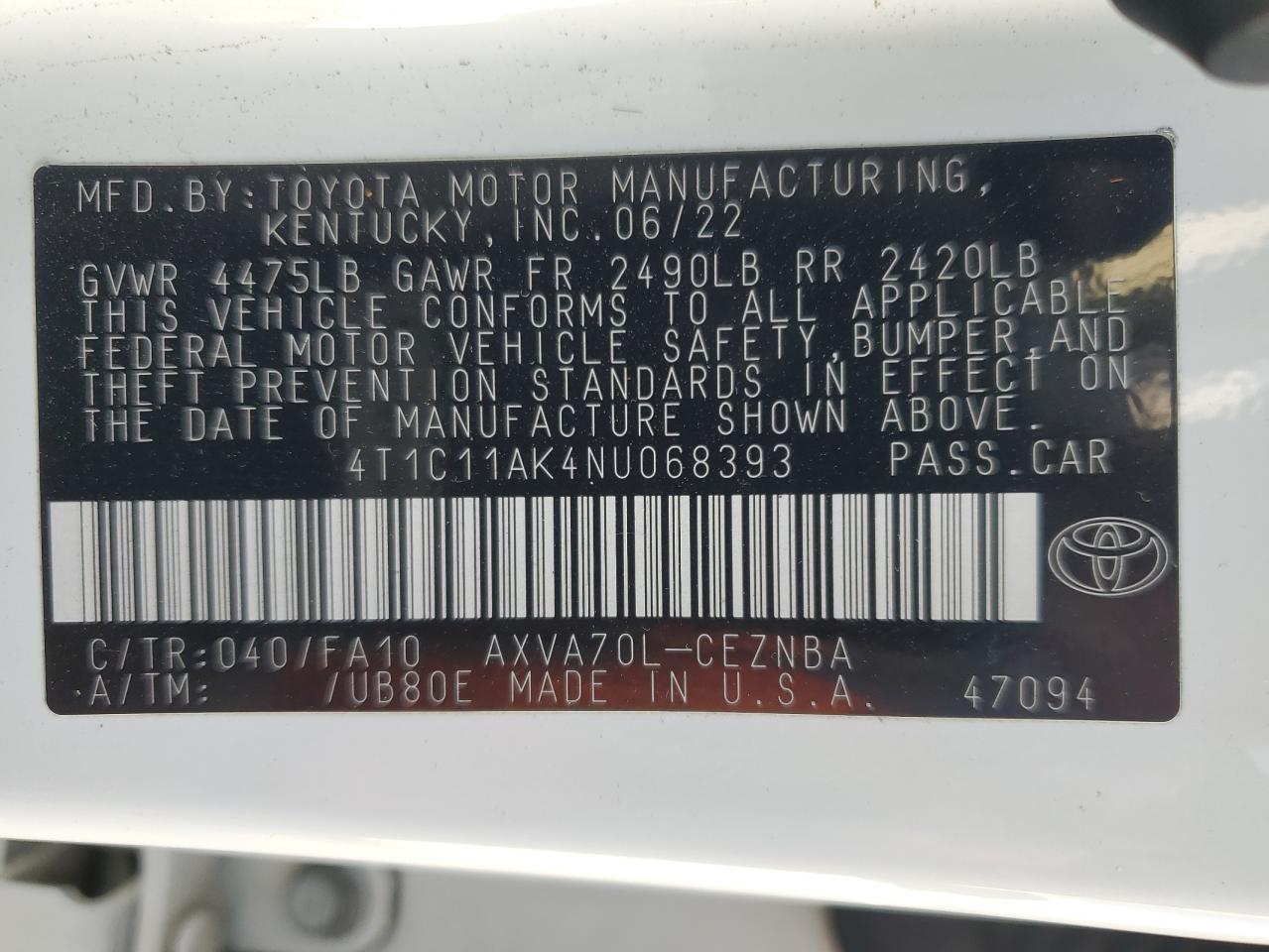 2022 Toyota Camry VIN 4T1C11AK4NU068393 Copart auction photo, front end damage thumbnail 12