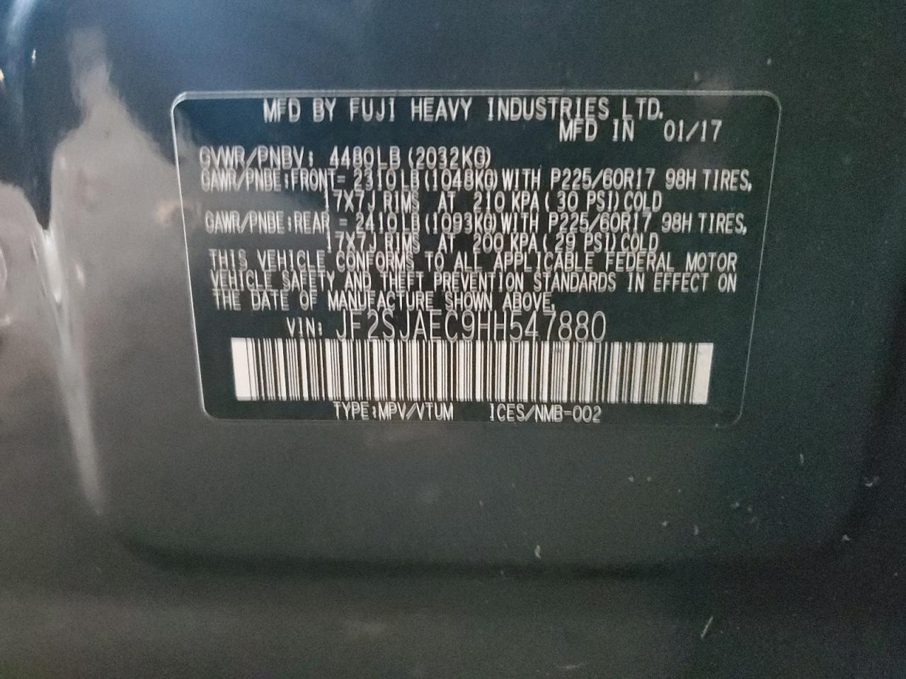 2017 Subaru Forester VIN JF2SJAEC9HH547880 Copart auction photo, rear end / side damage thumbnail 12