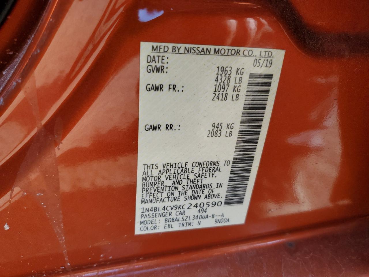 2019 Nissan Altima VIN 1N4BL4CV9KC240590 Copart auction photo, front end / rear end damage thumbnail 13