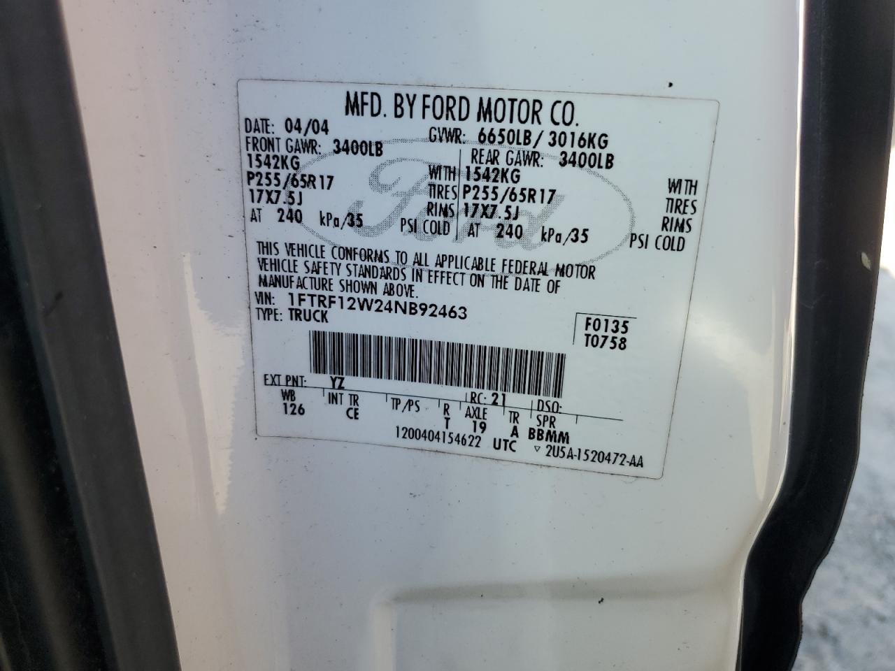 2004 Ford F-150 VIN 1FTRF12W24NB92463 Copart auction photo, top/roof damage thumbnail 12