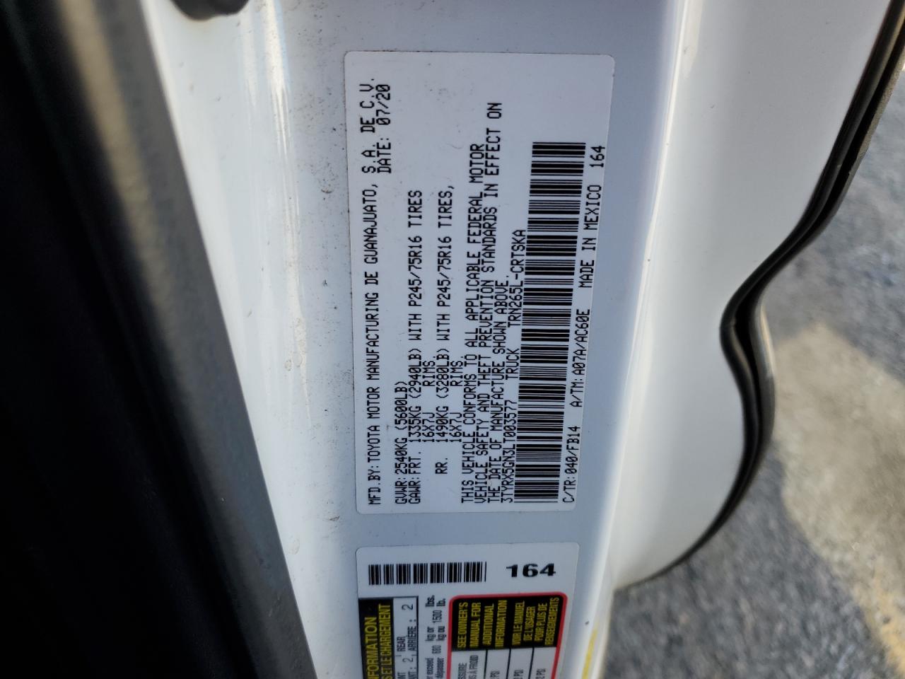 2020 Toyota Tacoma VIN 3TYRX5GN3LT003577 Copart auction photo, front end damage thumbnail 12