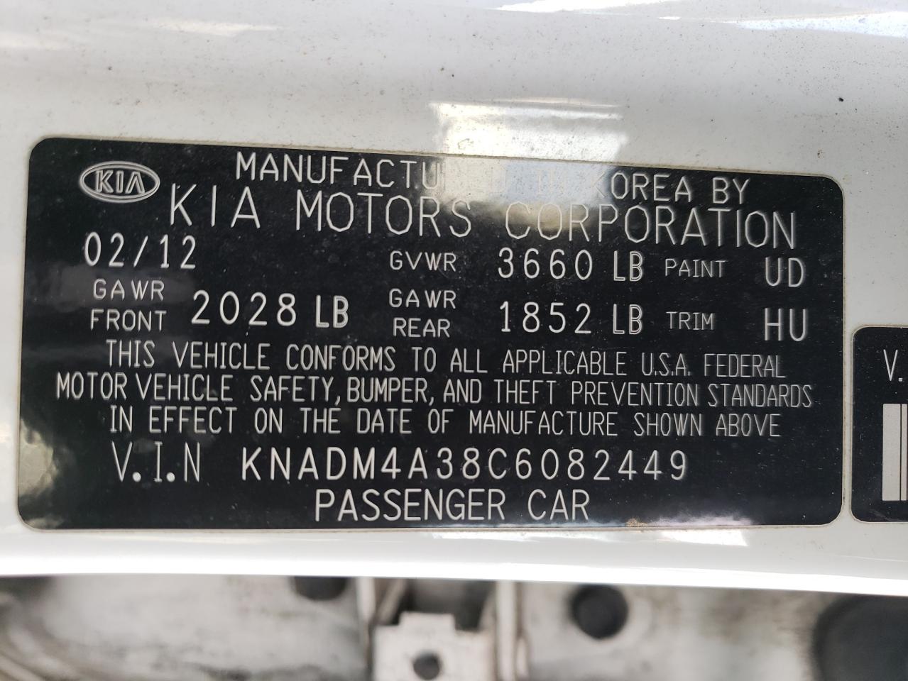 2012 KIA Rio VIN KNADM4A38C6082449 Copart auction photo, rear end / front end damage thumbnail 12