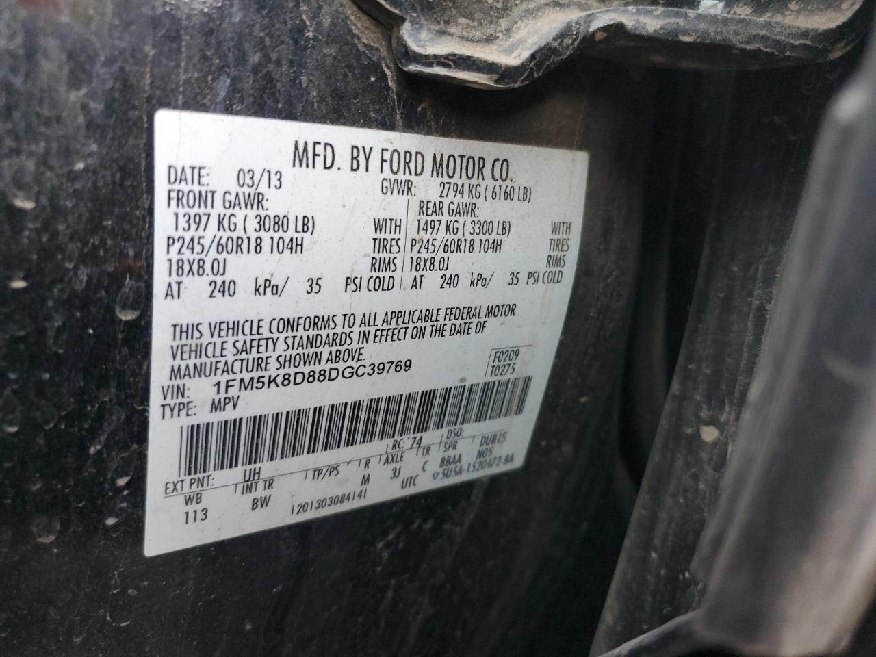 2013 Ford Explorer VIN 1FM5K8D88DGC39769 Copart auction photo, all over damage thumbnail 12