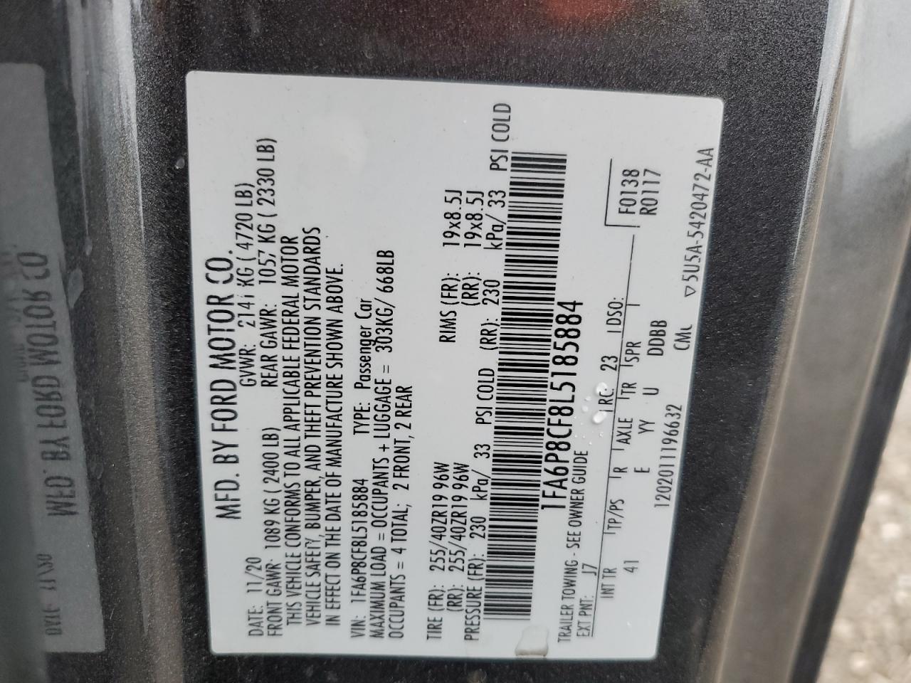 2020 Ford Mustang VIN 1FA6P8CF8L5185884 Copart auction photo, front end / all over damage thumbnail 13