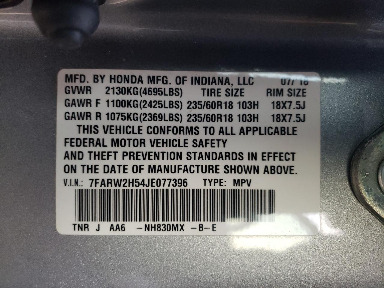 2018 Honda CR-V VIN 7FARW2H54JE077396 Copart auction photo, front end / minor dent/scratches damage thumbnail 15