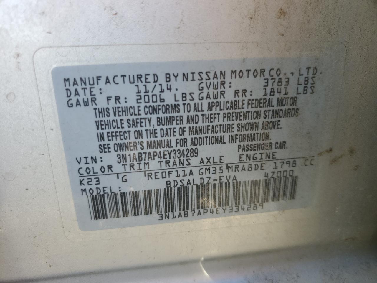 2014 Nissan Sentra VIN 3N1AB7AP4EY334289 Copart auction photo, front end / rear end damage thumbnail 14
