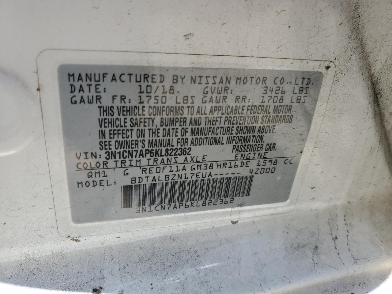 2019 Nissan Versa VIN 3N1CN7AP6KL822362 Copart auction photo, all over damage thumbnail 12