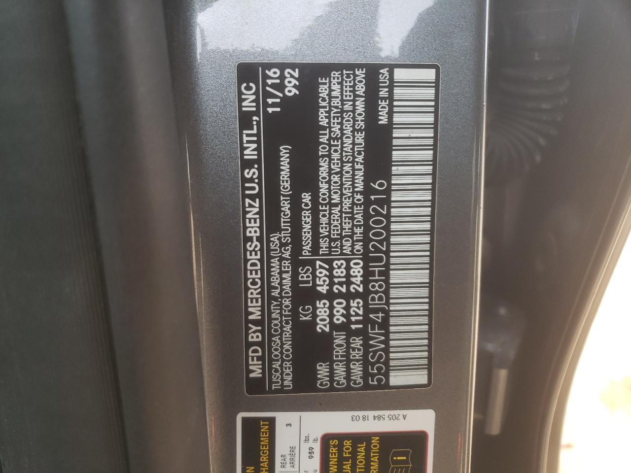 2017 Mercedes-Benz C-klasse VIN 55SWF4JB8HU200216 Copart auction photo, front end damage thumbnail 14