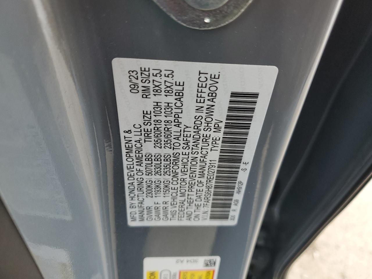 2024 Honda CR-V VIN 7FARS6H87RE027911 Copart auction photo, rear end damage thumbnail 12