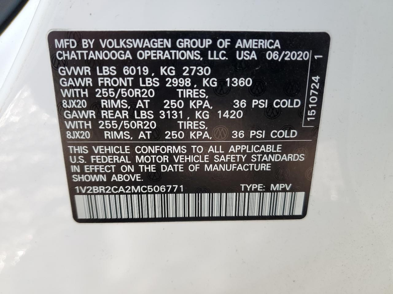 2021 Volkswagen Atlas VIN 1V2BR2CA2MC506771 Copart auction photo, side / front end damage thumbnail 13