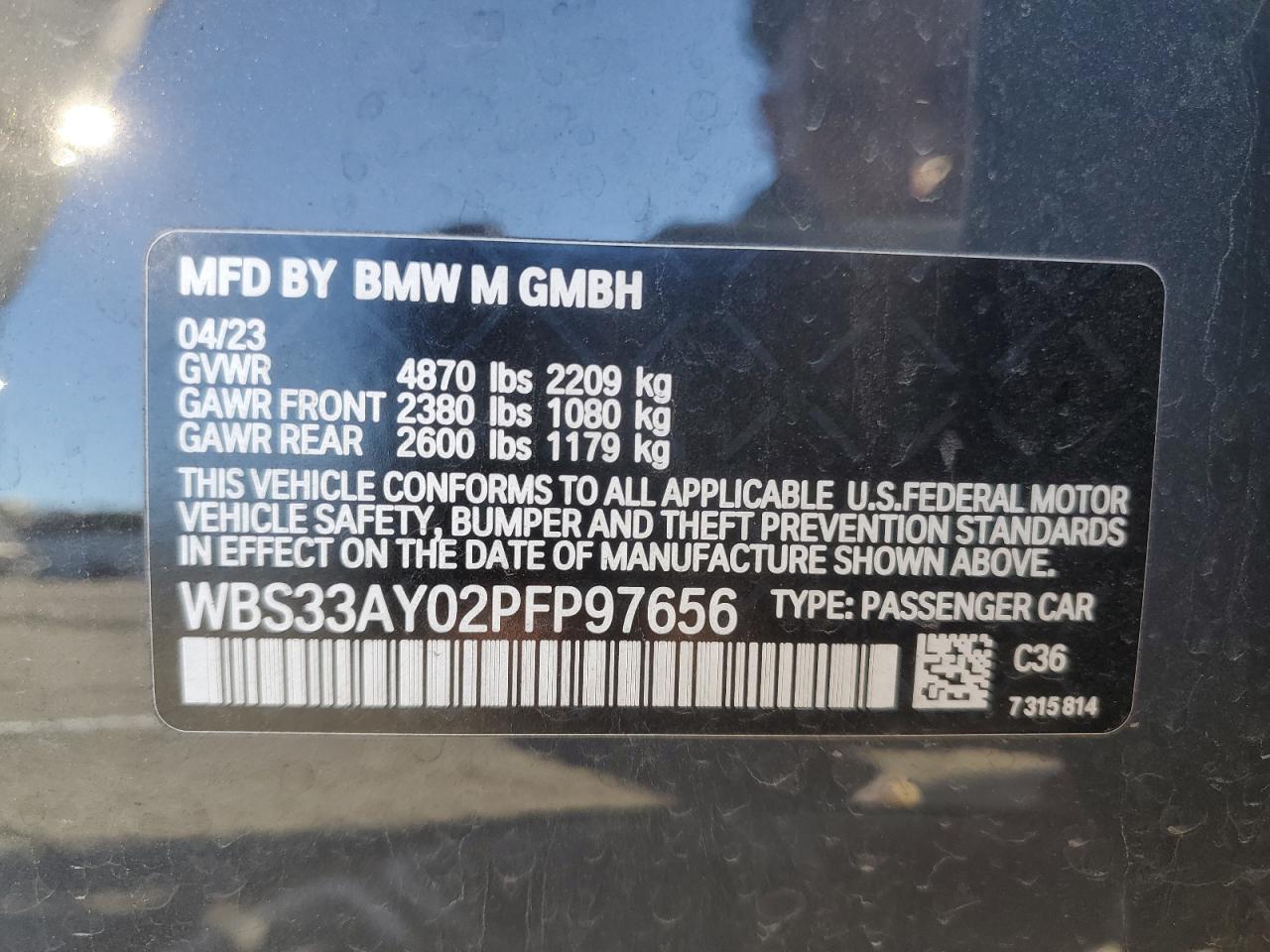 2023 BMW M3 VIN WBS33AY02PFP97656 Copart auction photo, all over damage thumbnail 13