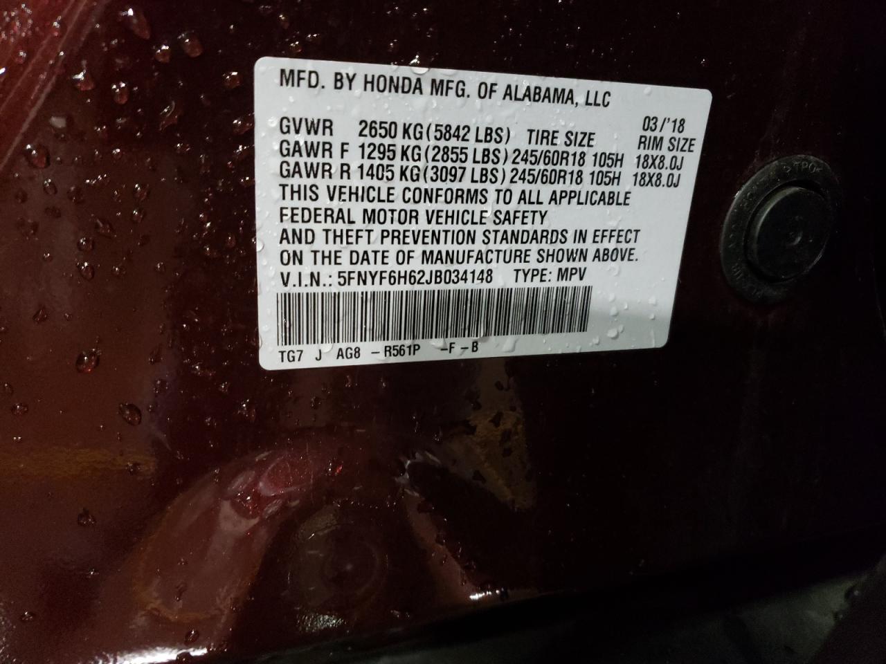 2018 Honda Pilot VIN 5FNYF6H62JB034148 Copart auction photo, front end damage thumbnail 14