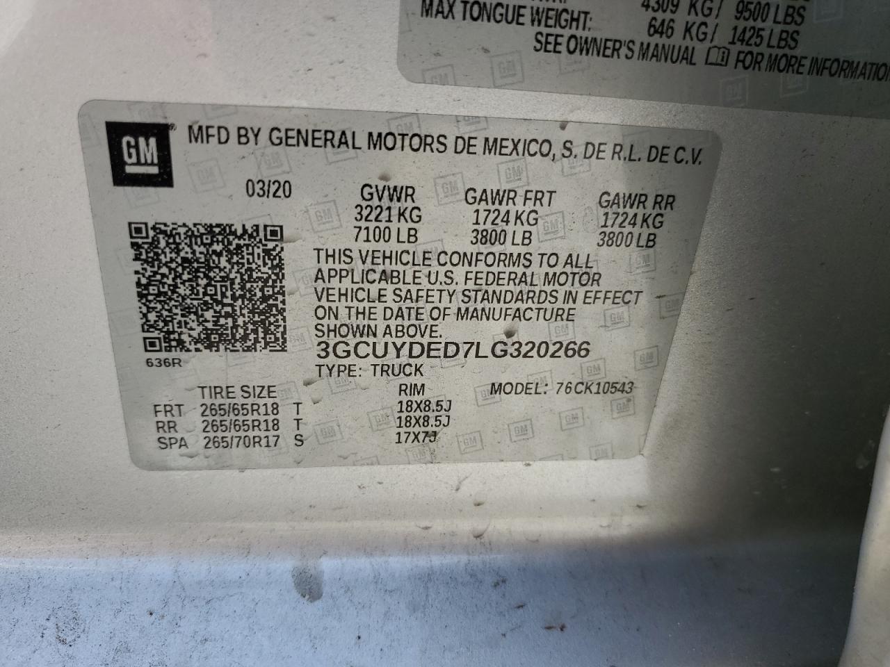 2020 Chevrolet Silverado VIN 3GCUYDED7LG320266 Copart auction photo, top/roof / front end damage thumbnail 12