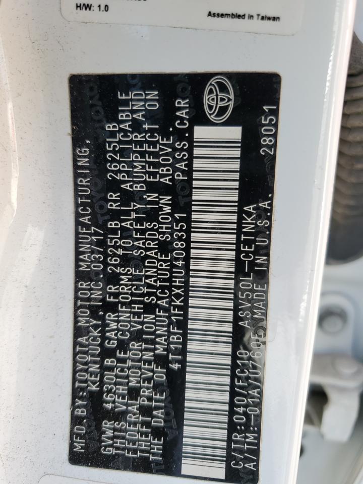 2017 Toyota Camry VIN 4T1BF1FKXHU408351 Copart auction photo, front end damage thumbnail 12