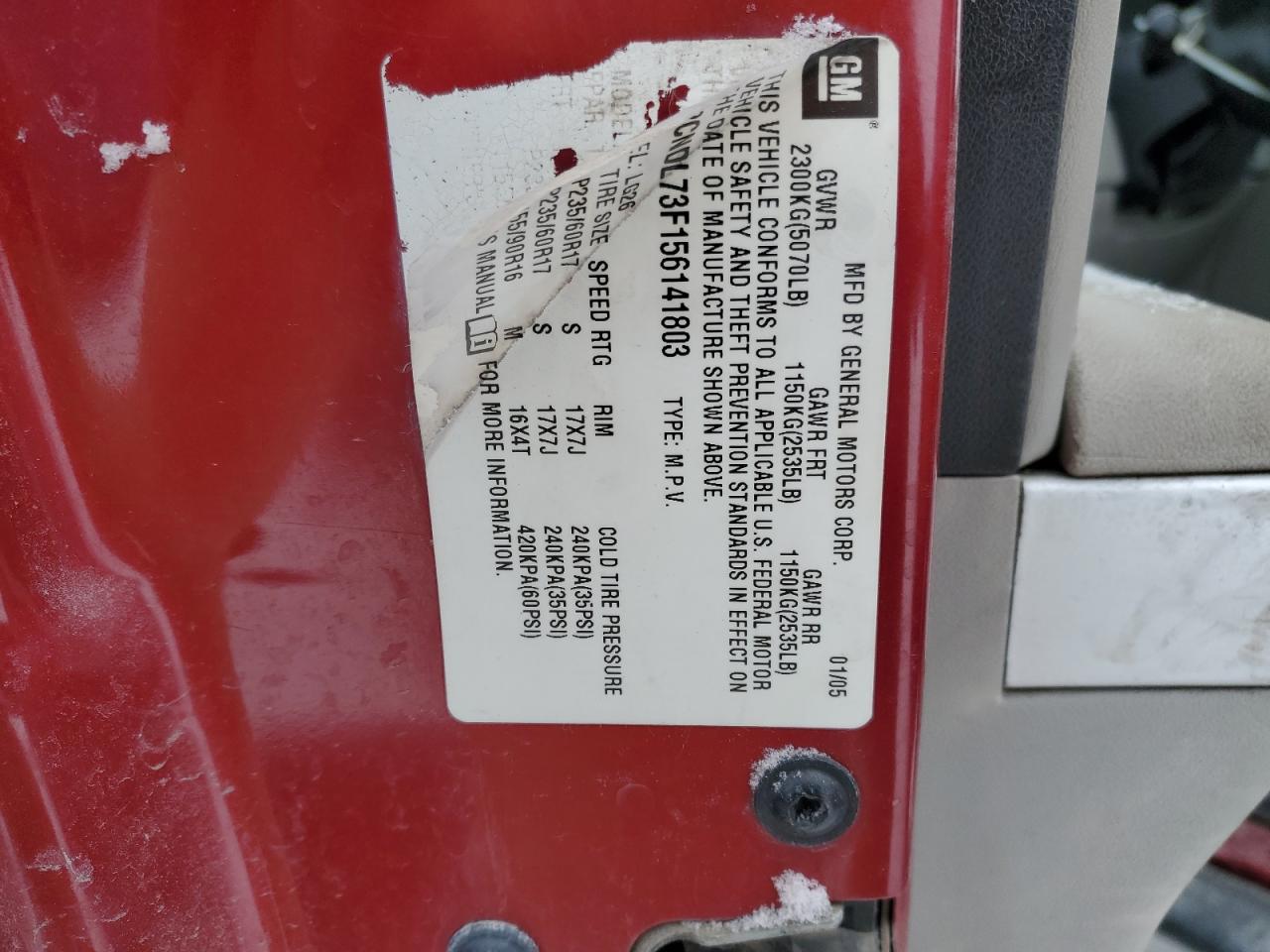 2005 Chevrolet Equinox VIN 2CNDL73F156141803 Copart auction photo, front end damage thumbnail 15