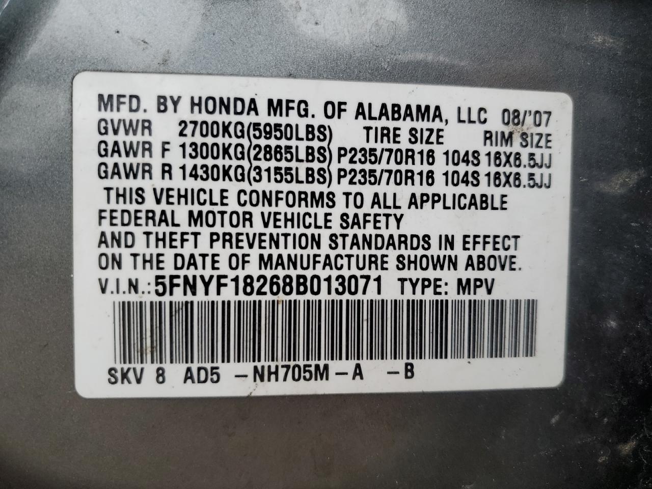 2008 Honda Pilot VIN 5FNYF18268B013071 Copart auction photo, burn - engine / minor dent/scratches damage thumbnail 13