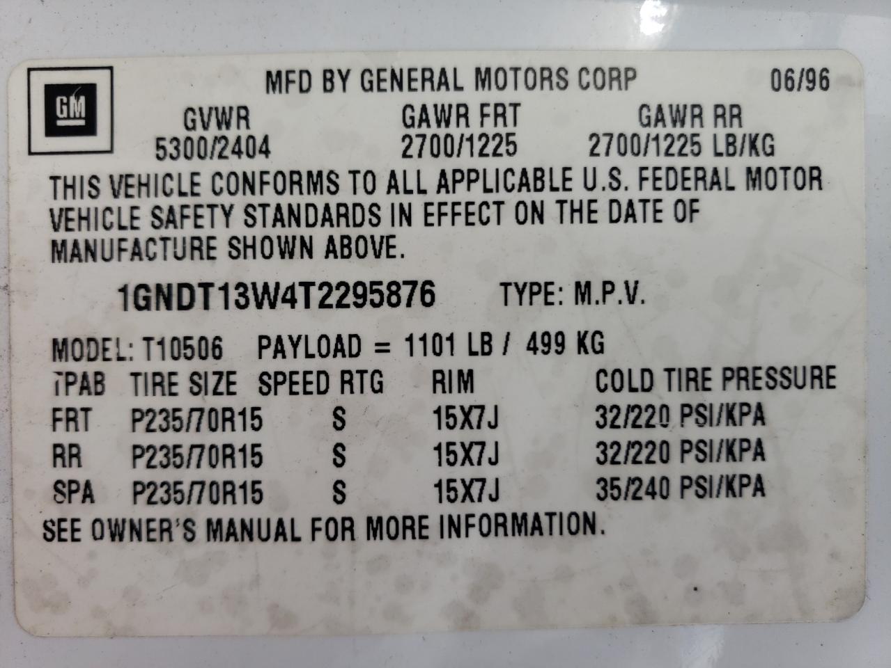 1996 Chevrolet Blazer VIN 1GNDT13W4T2295876 Copart auction photo, front end / rear end damage thumbnail 16