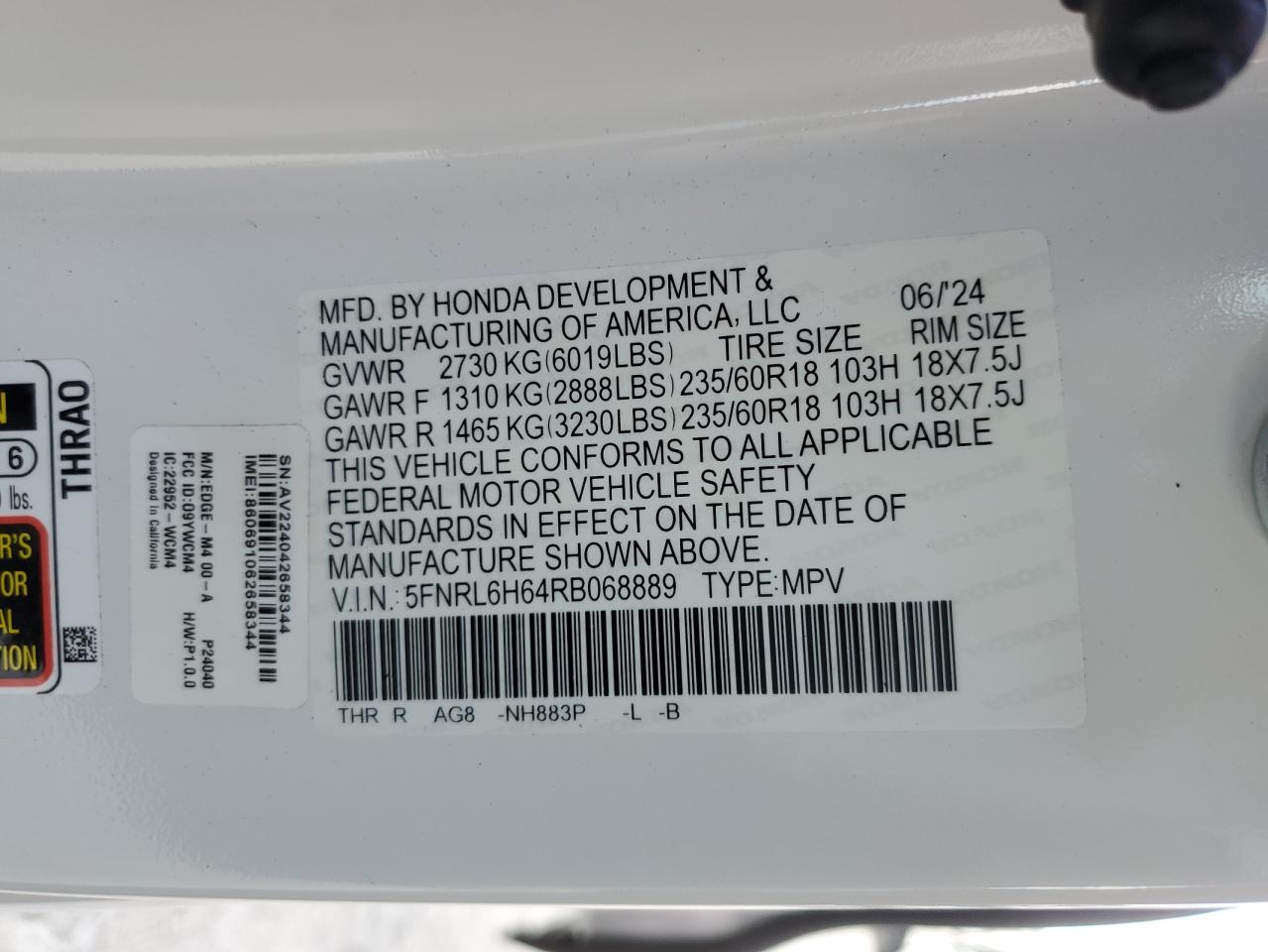 2024 Honda Odyssey VIN 5FNRL6H64RB068889 Copart auction photo, water/flood / undercarriage damage thumbnail 14