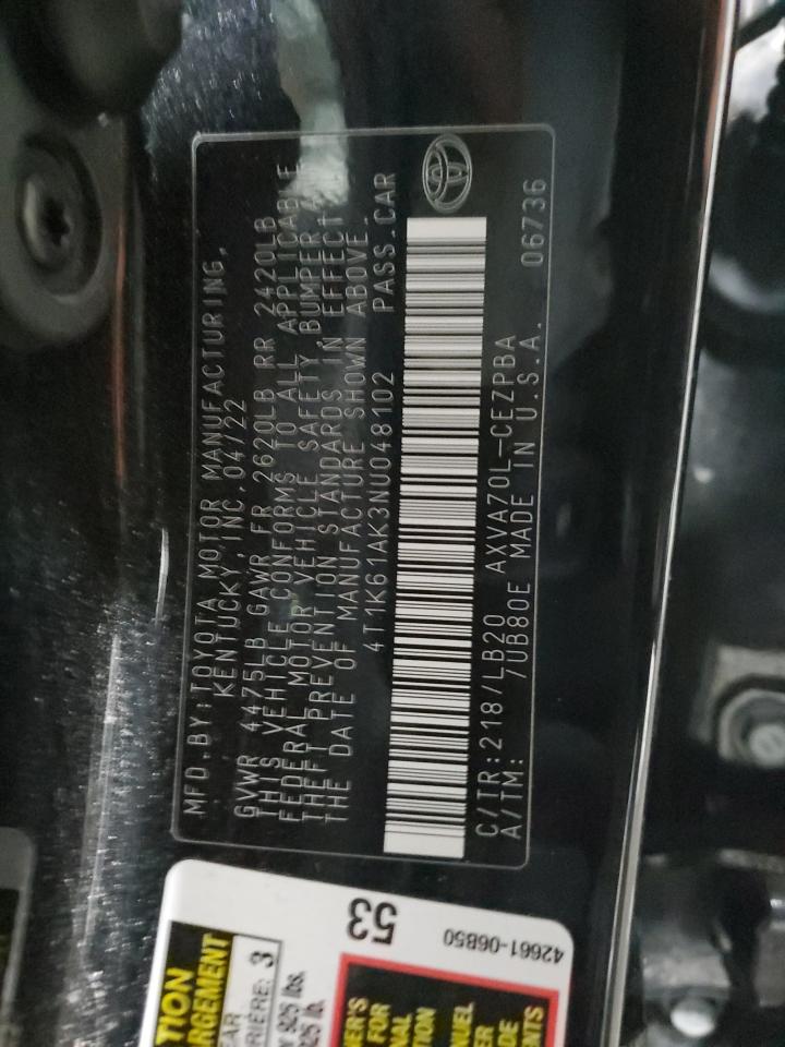 2022 Toyota Camry VIN 4T1K61AK3NU048102 Copart auction photo, side / rear end damage thumbnail 13