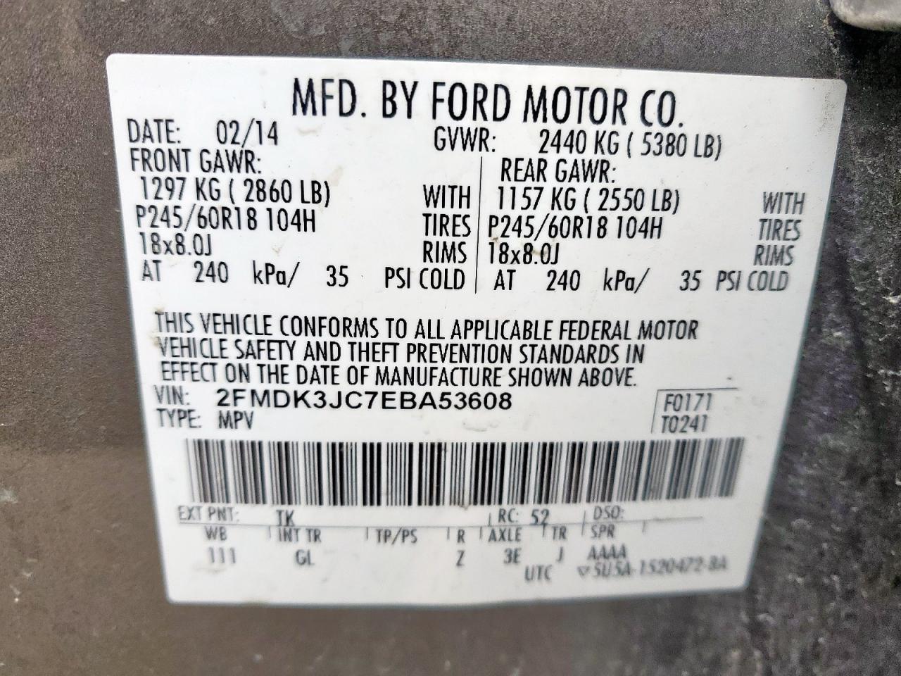 2014 Ford Edge VIN 2FMDK3JC7EBA53608 Copart auction photo, front end damage thumbnail 13