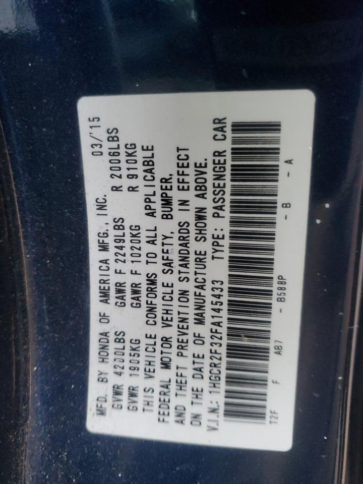 2015 Honda Accord VIN 1HGCR2F32FA145433 Copart auction photo, all over damage thumbnail 12