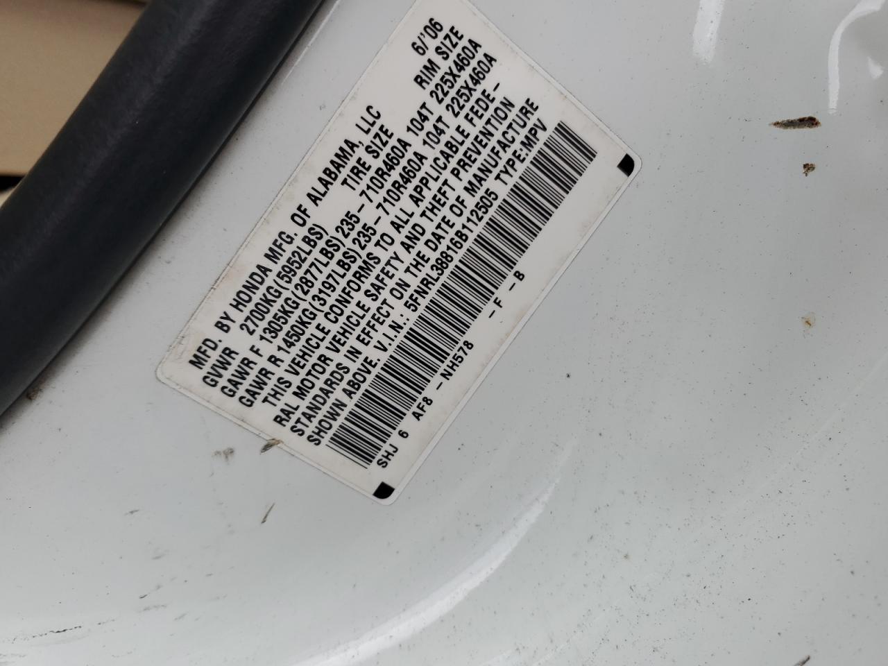 2006 Honda Odyssey VIN 5FNRL38816B112505 Copart auction photo, minor dent/scratches damage thumbnail 13