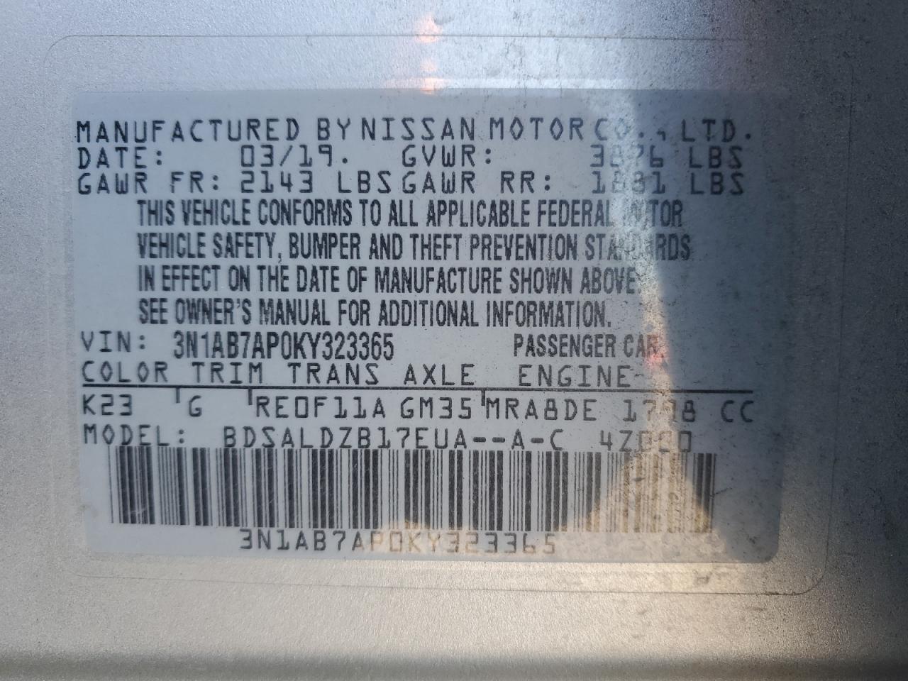 2019 Nissan Sentra VIN 3N1AB7AP0KY323365 Copart auction photo, front end damage thumbnail 15