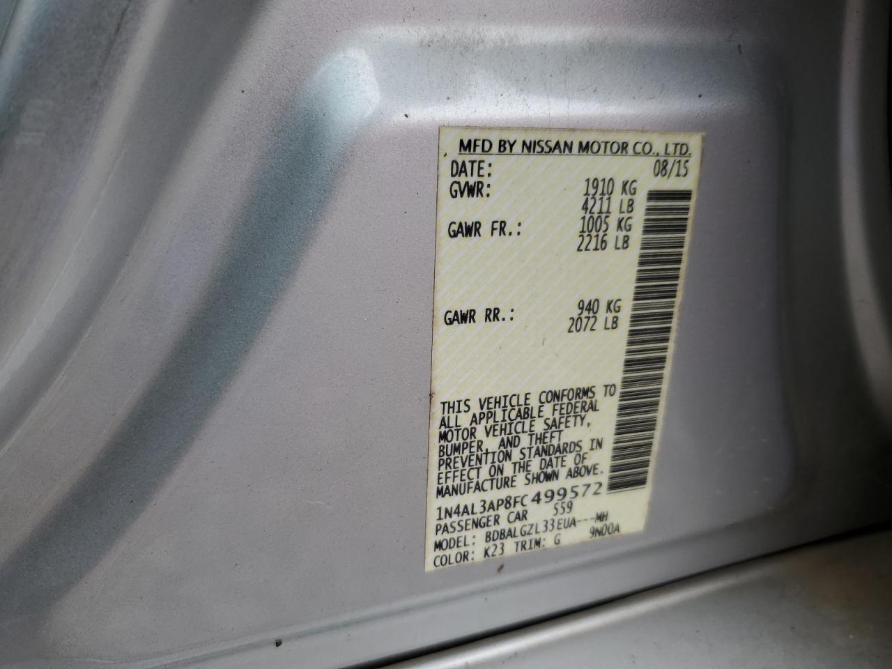 2015 Nissan Altima VIN 1N4AL3AP8FC499572 Copart auction photo, side / front end damage thumbnail 12