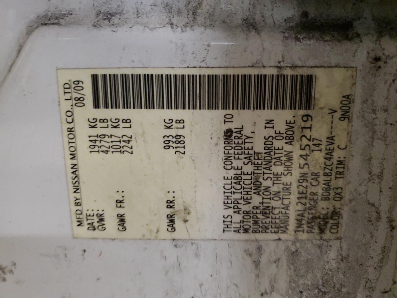 2009 Nissan Altima VIN 1N4AL21E29N545219 Copart auction photo, front end / side damage thumbnail 13