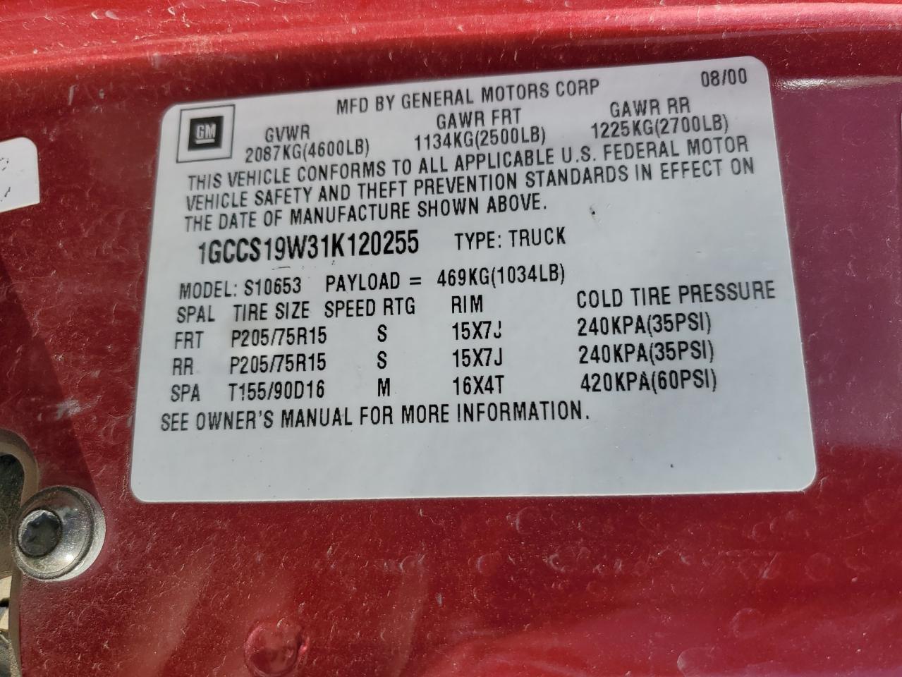2001 Chevrolet S-10 Pickup VIN 1GCCS19W31K120255 Copart auction photo, front end damage thumbnail 14