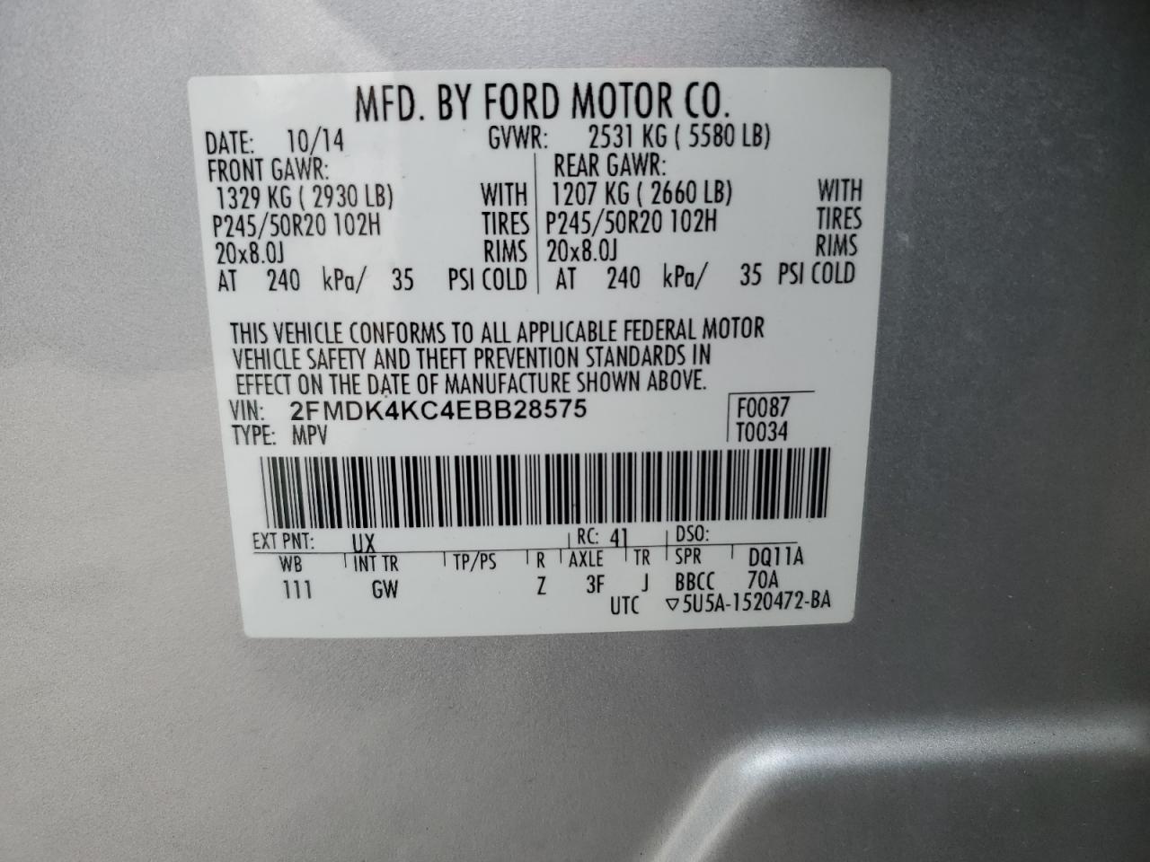 2014 Ford Edge VIN 2FMDK4KC4EBB28575 Copart auction photo, all over damage thumbnail 14