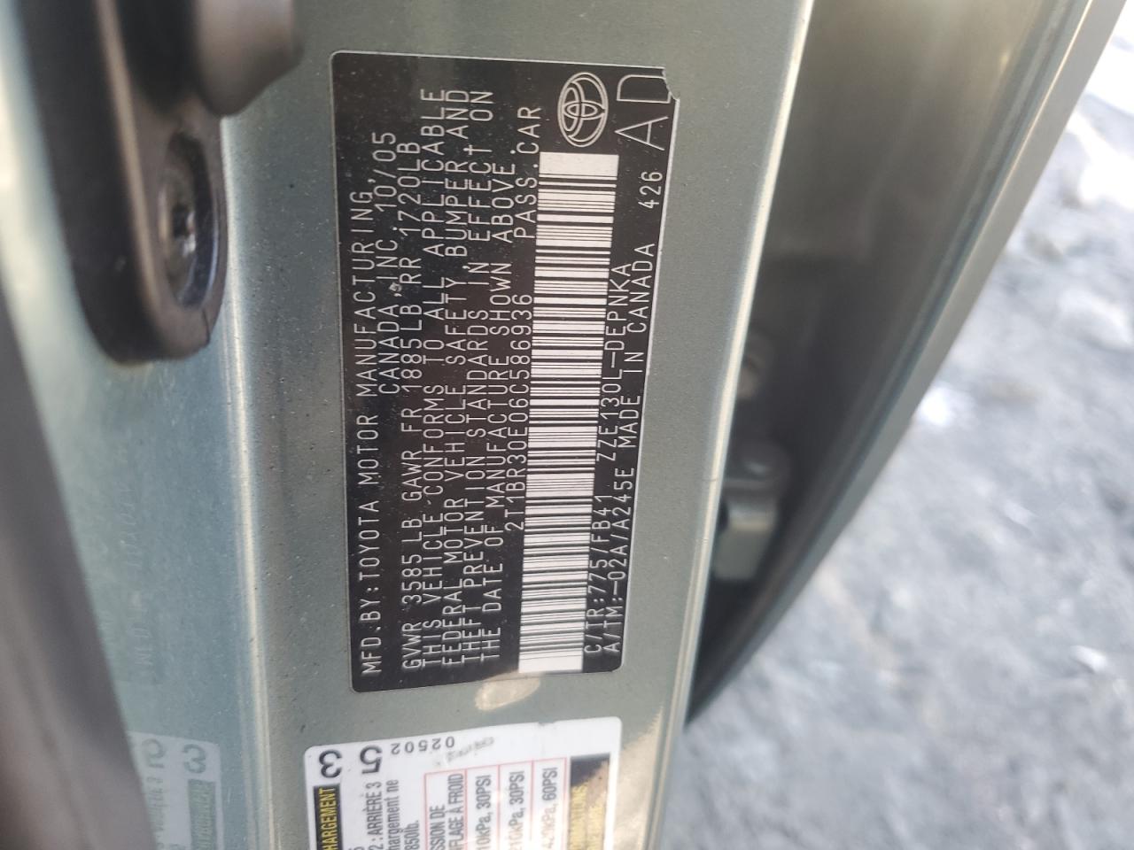 2006 Toyota Corolla VIN 2T1BR30E06C586936 Copart auction photo, side damage thumbnail 13