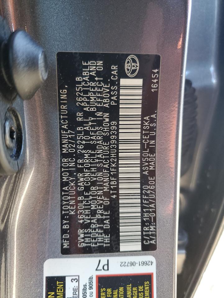 2017 Toyota Camry VIN 4T1BF1FK2HU399399 Copart auction photo, front end / rear end damage thumbnail 12