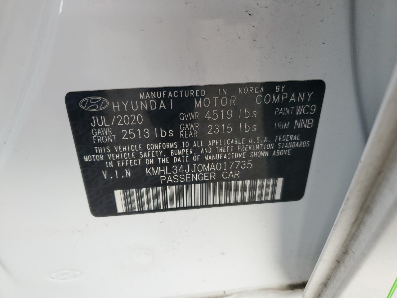 2021 Hyundai Sonata VIN KMHL34JJ0MA017735 Copart auction photo, all over damage thumbnail 12