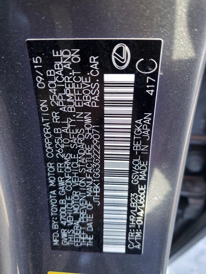 2016 Lexus ES VIN JTHBK1GG3G2229071 Copart auction photo, front end damage thumbnail 12
