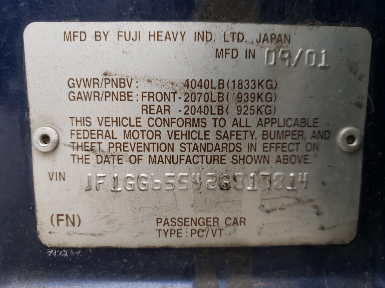 2002 Subaru Impreza VIN JF1GG65542G817814 Copart auction photo, front end / hail damage thumbnail 12