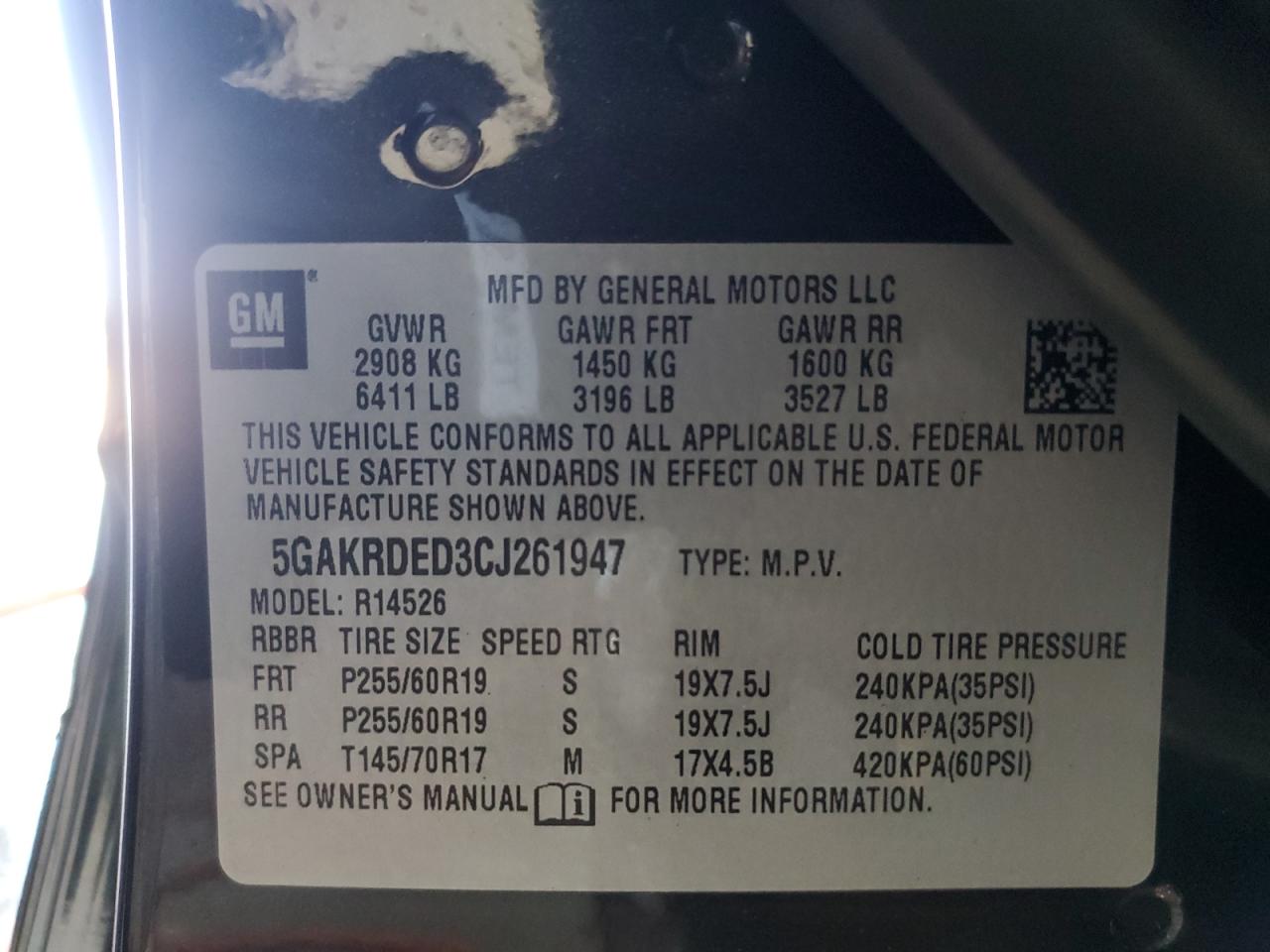 2012 Buick Enclave VIN 5GAKRDED3CJ261947 Copart auction photo, rear end / side damage thumbnail 13