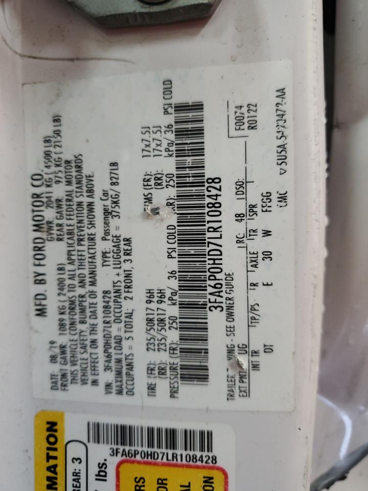 2020 Ford Fusion VIN 3FA6P0HD7LR108428 Copart auction photo, rear end / side damage thumbnail 12
