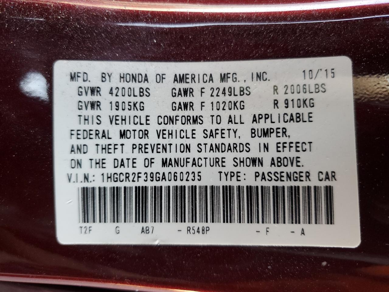 2016 Honda Accord VIN 1HGCR2F39GA060235 Copart auction photo, front end damage thumbnail 13