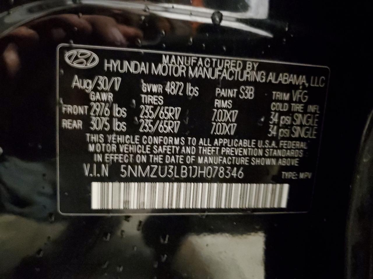2018 Hyundai Santa Fe VIN 5NMZU3LB1JH078346 Copart auction photo, front end damage thumbnail 14