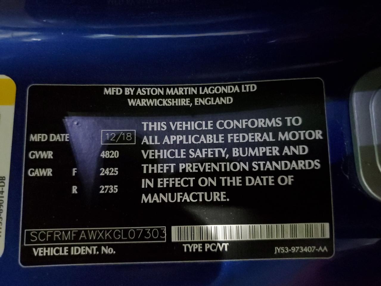 2019 Aston Martin DB11 VIN SCFRMFAWXKGL07303 Copart auction photo, rear end damage thumbnail 12