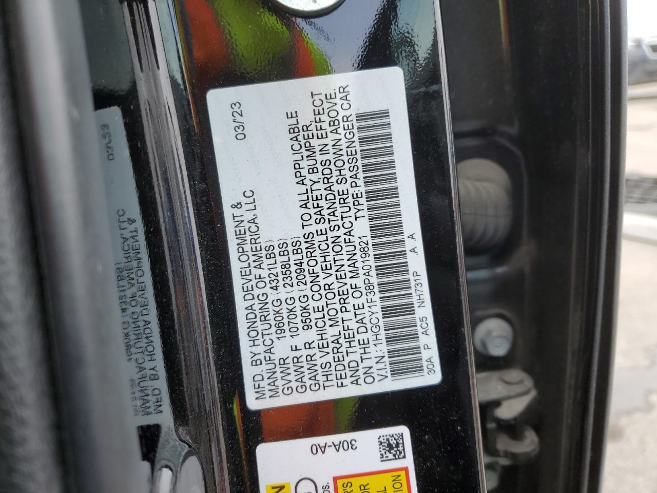 2023 Honda Accord VIN 1HGCY1F38PA019821 Copart auction photo, front end / undercarriage damage thumbnail 13