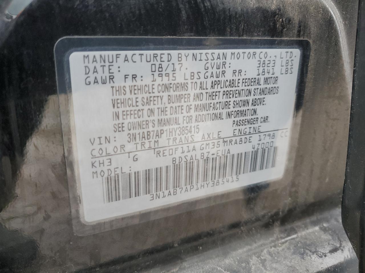 2017 Nissan Sentra VIN 3N1AB7AP1HY385415 Copart auction photo, front end / all over damage thumbnail 15