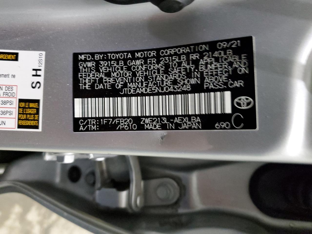 2022 Toyota Corolla VIN JTDEAMDE5NJ043248 Copart auction photo, front end / side damage thumbnail 13