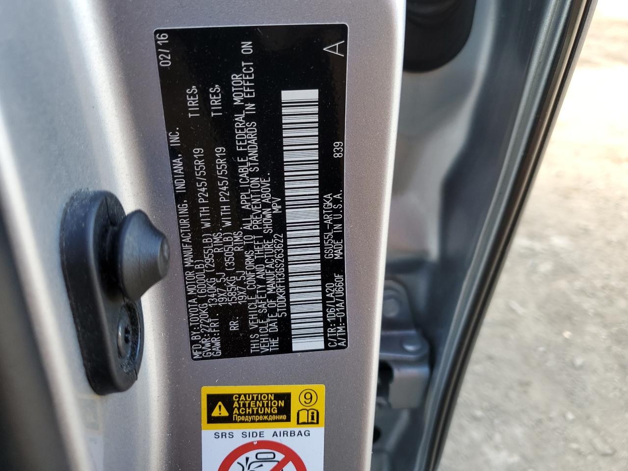 2016 Toyota Highlander VIN 5TDDKRFH3GS263622 Copart auction photo, vandalism damage thumbnail 15