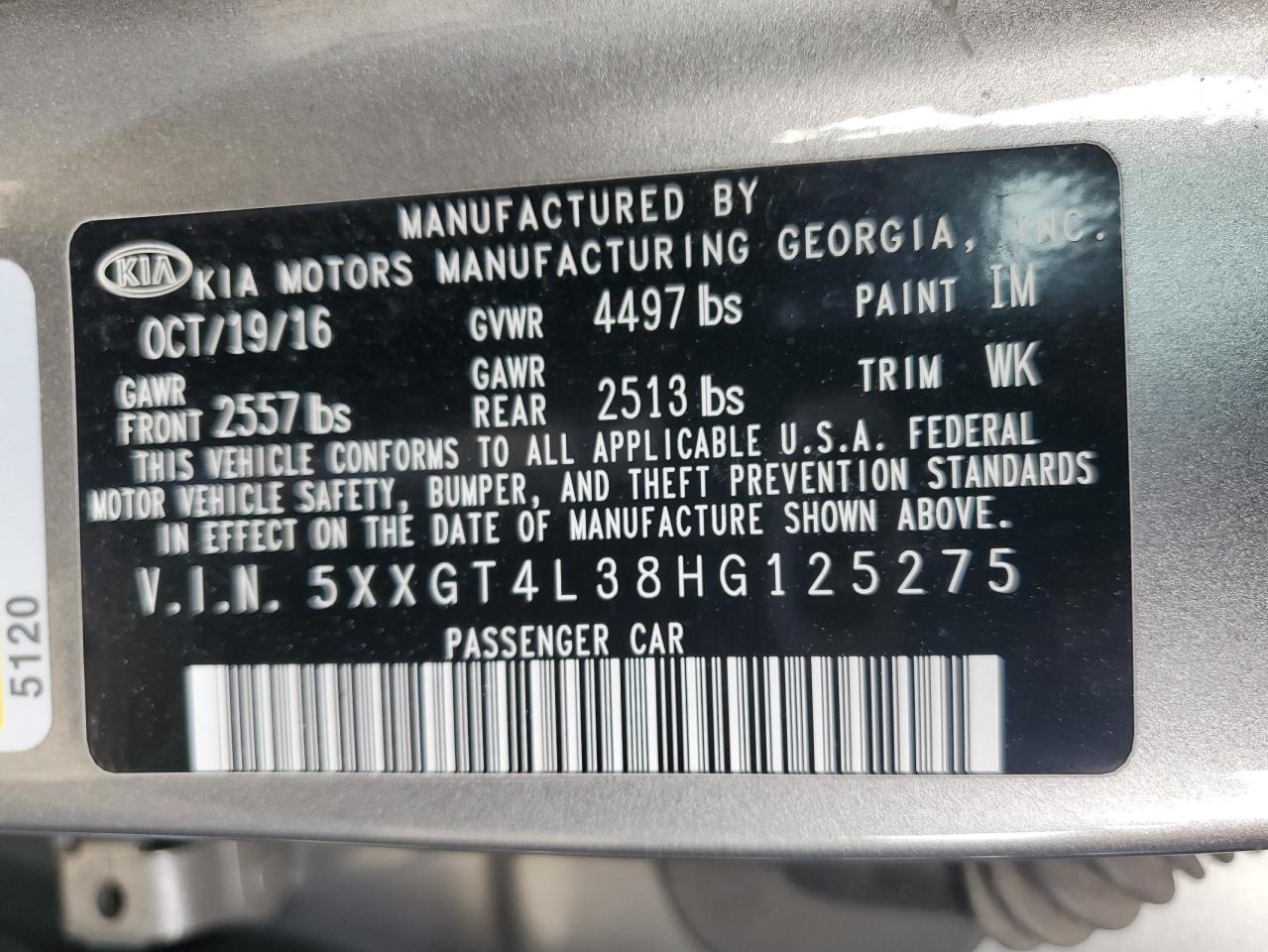 2017 KIA Optima VIN 5XXGT4L38HG125275 Copart auction photo, frame damage / front end damage thumbnail 13