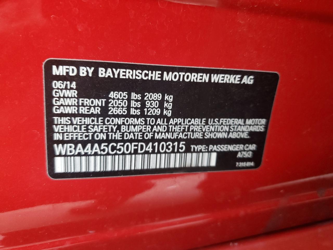 2015 BMW 4er VIN WBA4A5C50FD410315 Copart auction photo, front end damage thumbnail 12