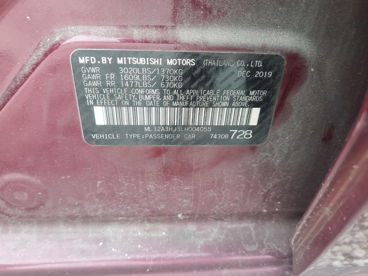 2020 Mitsubishi Mirage VIN ML32A3HJ3LH004055 Copart auction photo, front end damage thumbnail 13